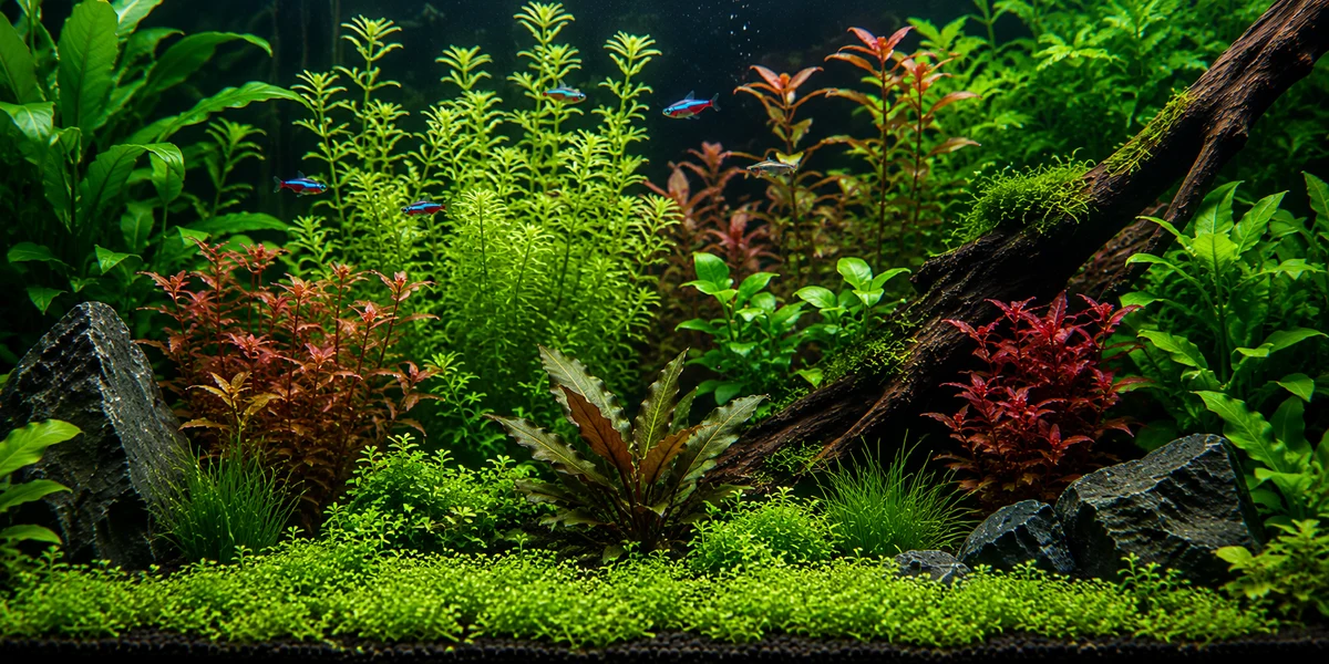Planted aquarium with a green Monte Carlo carpet, driftwood, rocks and neon tetras